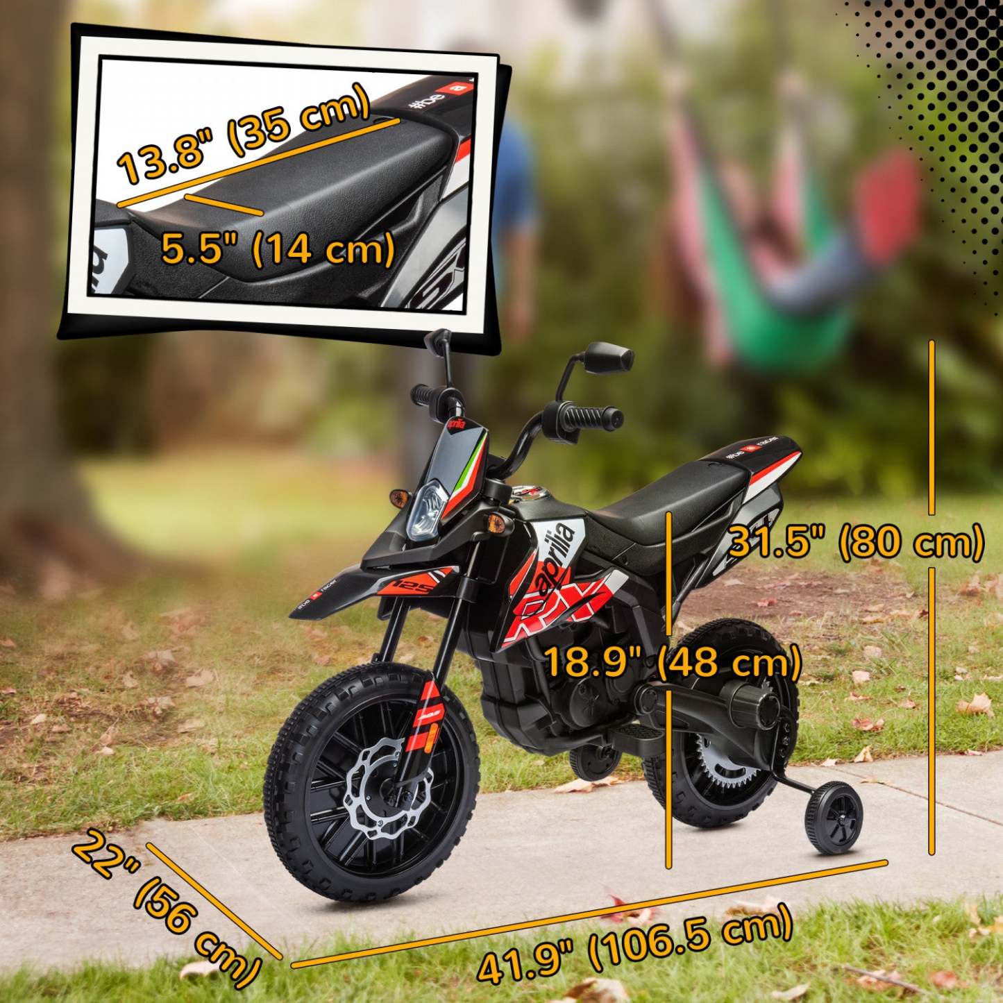 Qaba Moto Électrique pour Enfants 12v, Moto Tout-Terrain Alimentée par Batterie Licenciée Aprilia avec Roues d'Apprentissage, Suspension à Ressort, Phare, Musique, Pour Garçons et Filles Âgés de 3 à 8 Ans, Rouge