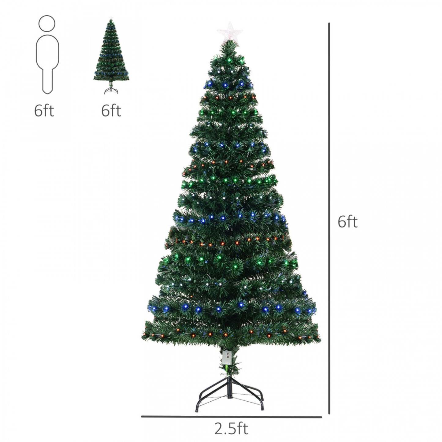 Homcom Arbre De Noël Artificiel En Fibre Optique Pré-illuminé De 6 Pieds Avec 230 Lumières LED Et Branches