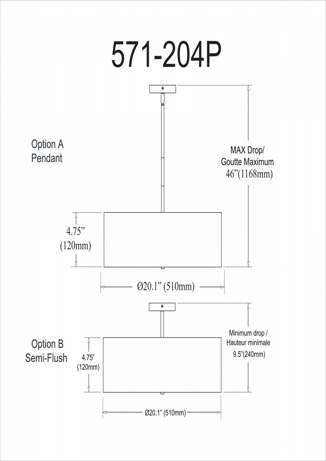 Dainolite Everly 4 Light Pendant Polish Chrome Finish Black Shade Lamp|Luminaire suspendu Everly de Dainolite avec abat-jour noir, fini chromé poli et 4 ampoules