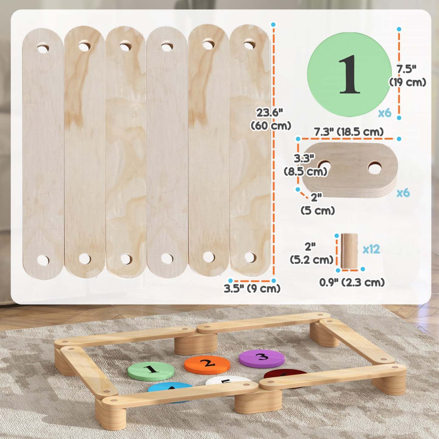 Qaba Poutre D'équilibre En Bois Pour Enfants, Planche D'équilibre 6 Pièces, Jouets De Poutre D'équilibre