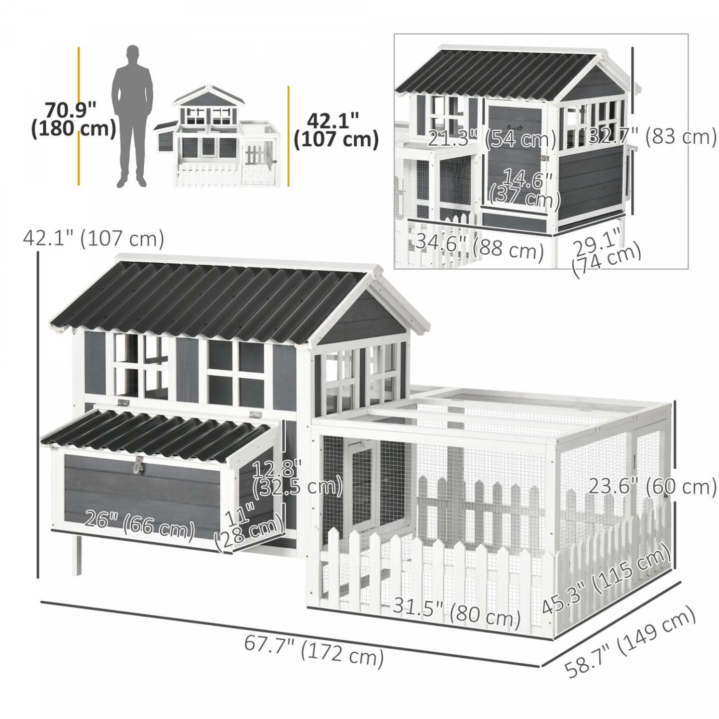 Pawhut Poulailler En Bois, Enclos Extérieur Pour Lapins Avec Enclos, Plateau, Nichoir, Plateau Amovible, Clôture