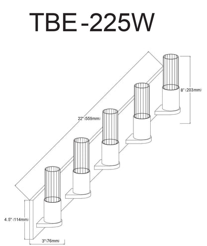 Dainolite Tube 5 Light Vanity Light Matte Black Clear Fluted Glass Lamp|Lumière de coiffeuse Tube de Dainolite en verre cannelé transparent, avec fini noir mat et 5 ampoules