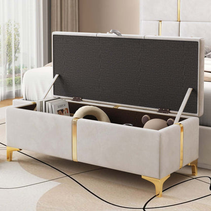 Banc ottoman de rangement rembourré en velours doux Tony avec pieds en métal, beige | Banc Coffre De Rangement Tony En Velours Doux Avec Pieds Métalliques, Beige