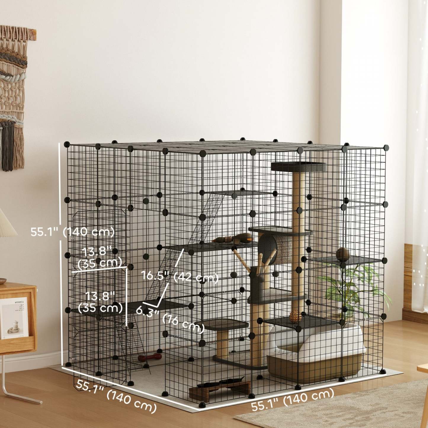 Pawhut Diy Grande Cage à Chats Intérieure, Catio Parc de Jeux pour Animaux avec Plates-formes, Rampes, Espace d'Exercice pour Chatons pour 1-3 Chats, Lapins et Chinchillas, 55 X 55 X 55in, 87 Panneaux, Noir