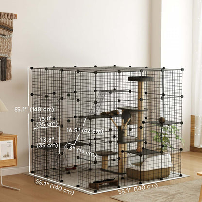Pawhut Diy Grande Cage à Chats Intérieure, Catio Parc de Jeux pour Animaux avec Plates-formes, Rampes, Espace d'Exercice pour Chatons pour 1-3 Chats, Lapins et Chinchillas, 55 X 55 X 55in, 87 Panneaux, Noir