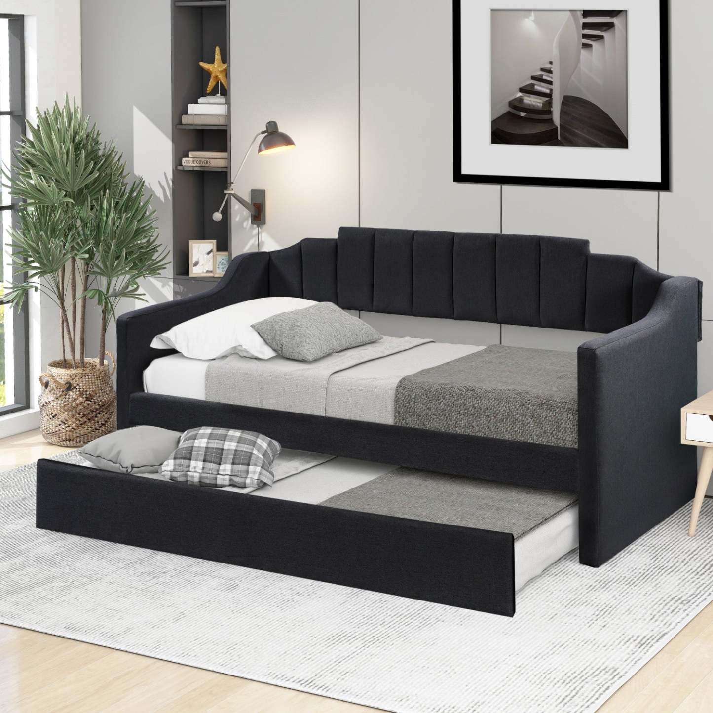 Lit de repos rembourré Phyllis avec lit gigogne, taille simple - Noir | Phyllis – Lit De Jour Rembourre Avec Lit Gigogne, Format Simple - Noir