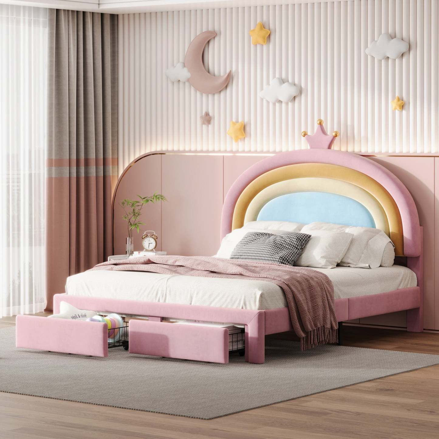 Maggie Upholstered Rainbow Princess Bed With Storage Drawer And Velvet Platform Frame,full Size,pink Full Bed | Lit Princesse Arc-en-ciel Maggie Tapisse Avec Tiroir De Rangement Et Cadre Plateforme En Velours, Taille Full, Rose
