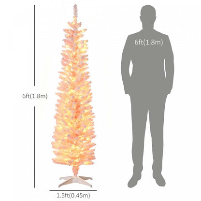 Homcom Sapin de Noël artificiel floqué mince de 6' avec lumière, rose | Homcom Sapin de Noël Artificiel Floconné de Neige de 6 Pi avec Lumière, Rose