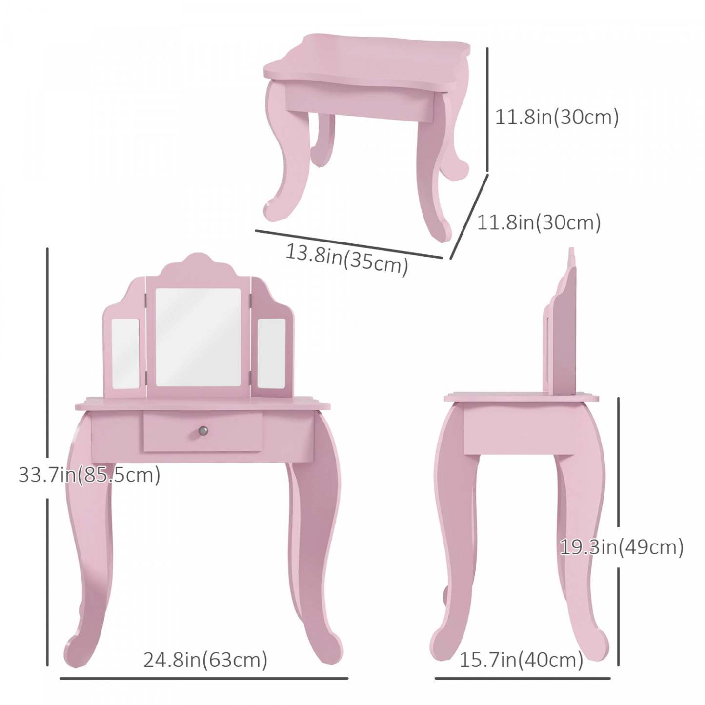 Qaba Coiffeuse Et Tabouret Pour Enfants Coiffeuse Pour Filles Bureau De Maquillage Avec Miroirs Tri-