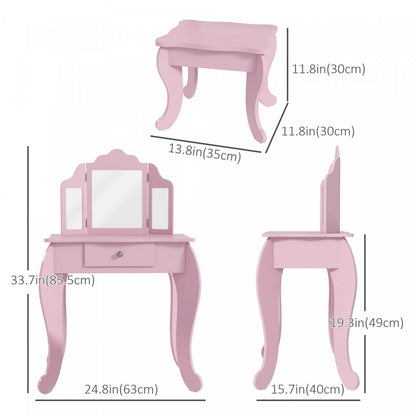 Qaba Coiffeuse Et Tabouret Pour Enfants Coiffeuse Pour Filles Bureau De Maquillage Avec Miroirs Tri-
