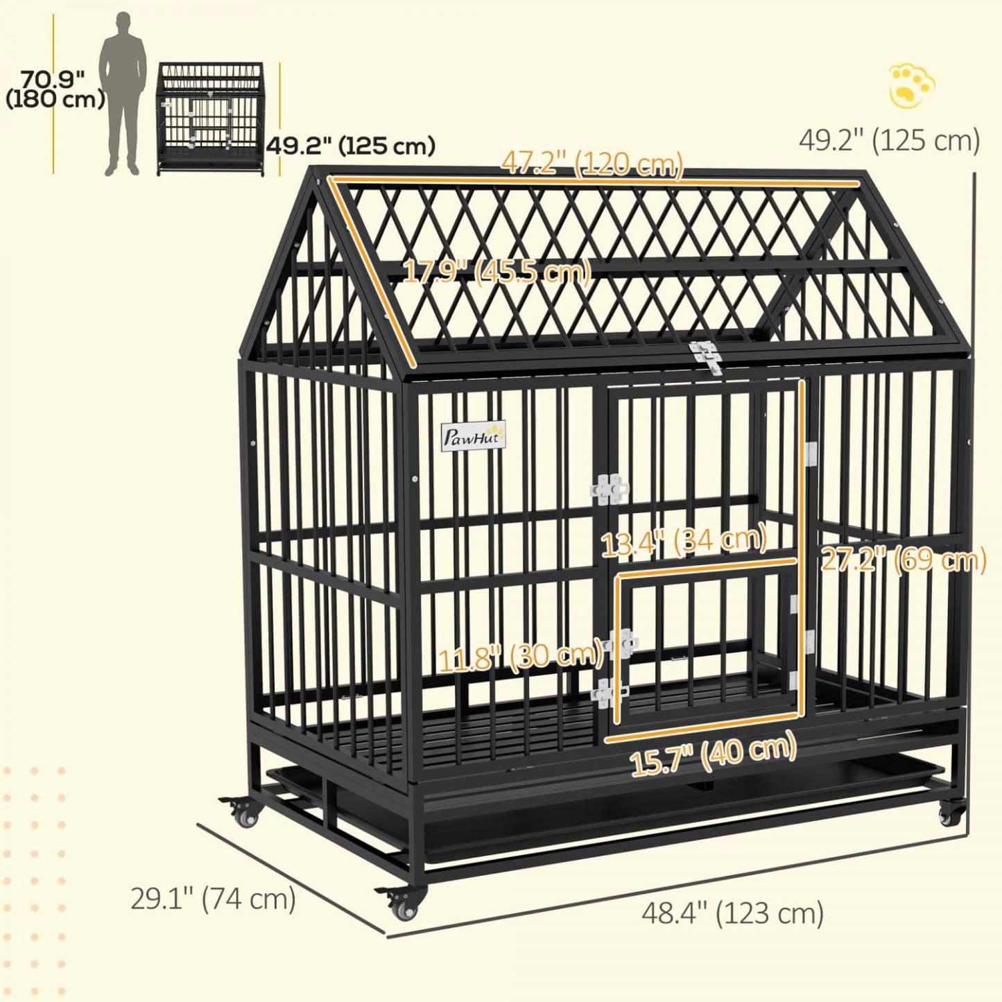 Pawhut 49 Heavy Duty Dog Crate, Metal Dog Kennel Cage With Openable Roof, Amovible Tray, Doors, Wh|Cage Pour Chien Robuste En Metal De 49 Avec Plateau Amovible, Portes, Toit Ouvrant, Roues, P