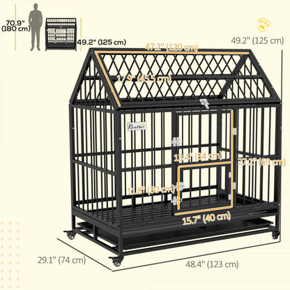 Pawhut 49 Heavy Duty Dog Crate, Metal Dog Kennel Cage With Openable Roof, Amovible Tray, Doors, Wh|Cage Pour Chien Robuste En Metal De 49 Avec Plateau Amovible, Portes, Toit Ouvrant, Roues, P