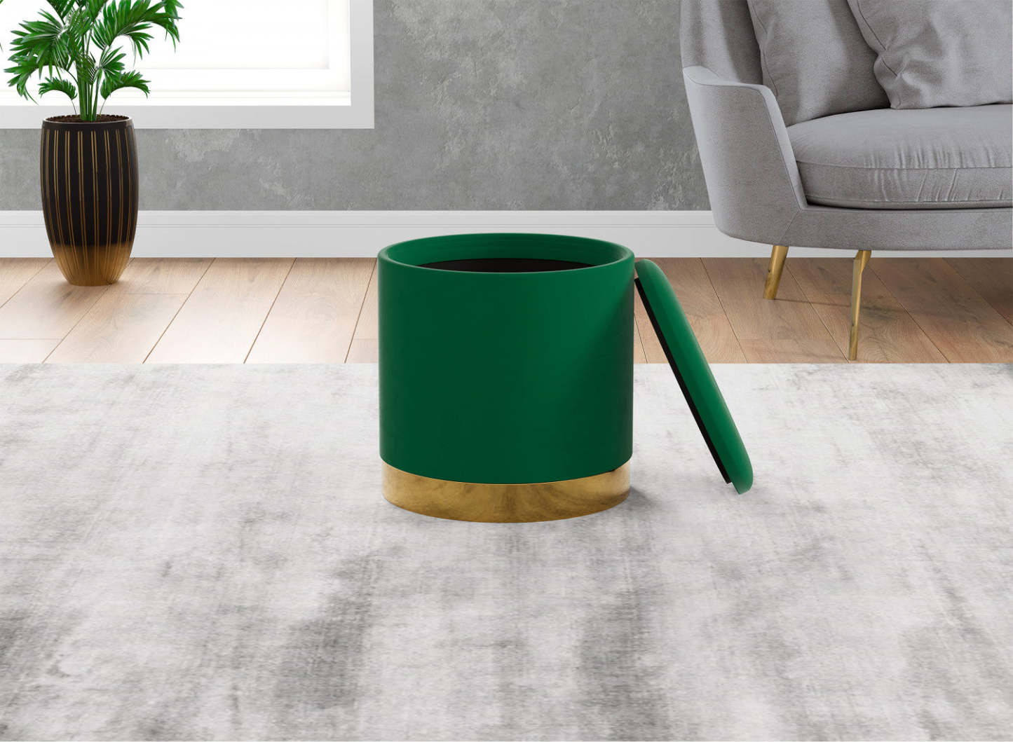 Pouf cylindrique en velours - siège avec revêtement vert forêt avec base en métal doré