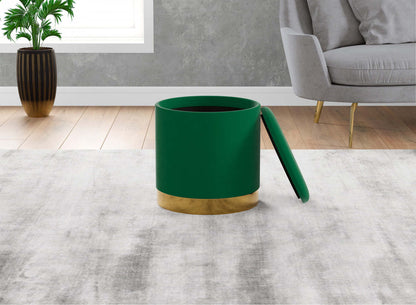 Pouf cylindrique en velours - siège avec revêtement vert forêt avec base en métal doré