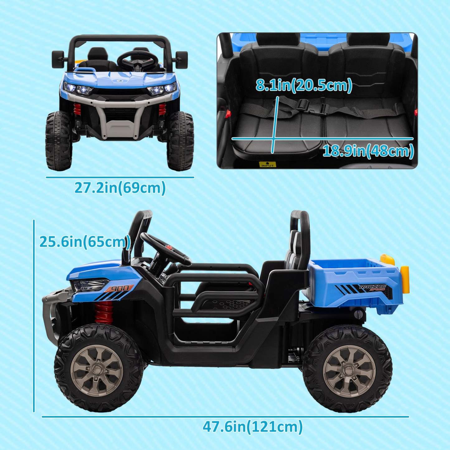 Aosom voiture à deux places, 12v 7ah UTV pour enfants, camion benne à conduire avec benne électrique et pelle, télécommande, suspension à 4 ressorts, musique, lumières, pour garçons et filles, bleu