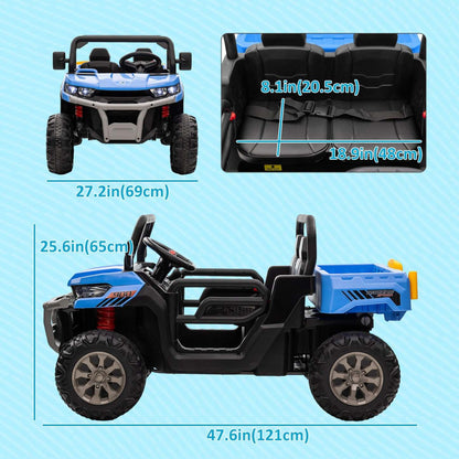 Aosom voiture à deux places, 12v 7ah UTV pour enfants, camion benne à conduire avec benne électrique et pelle, télécommande, suspension à 4 ressorts, musique, lumières, pour garçons et filles, bleu