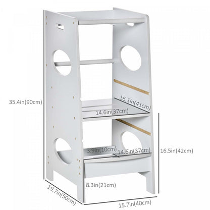 Homcom Marchepied Enfant Tabouret De Cuisine Pour Tout-petits Avec Plate-forme Debout réglable Et Barrière De Sécurité, Gris