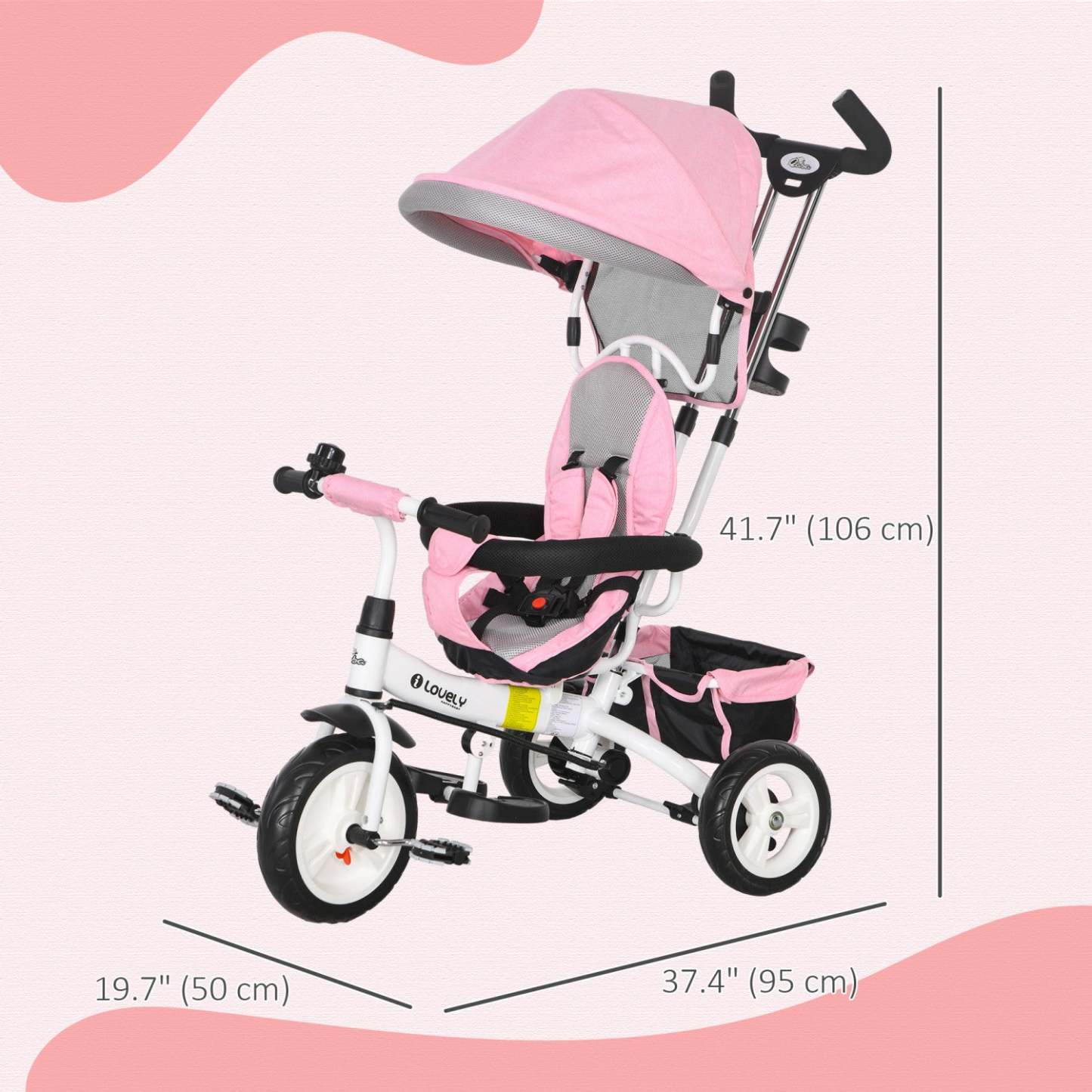 Qaba Tricycle Pour Tout-petits, Poussette De Vélo 6 En 1 Pour Bébé Avec Auvent Pliable, Panier De Rangement, Harnais De Sécurité À 5 Points