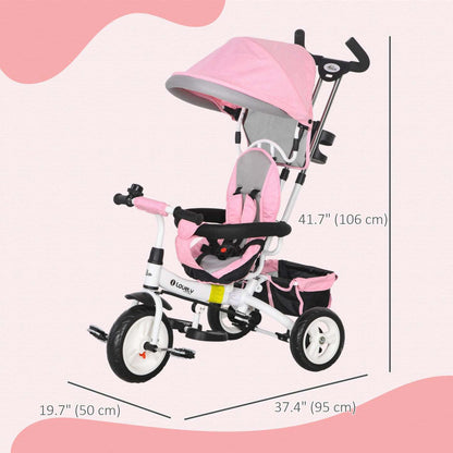 Qaba Tricycle Pour Tout-petits, Poussette De Vélo 6 En 1 Pour Bébé Avec Auvent Pliable, Panier De Rangement, Harnais De Sécurité À 5 Points
