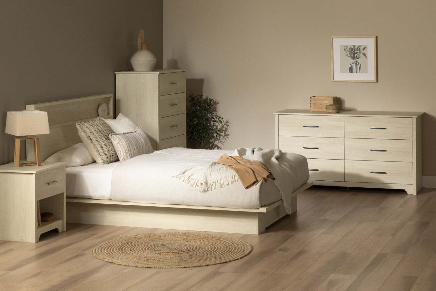 Lit plateforme double Fusion avec tiroir - Chêne blanchi | Lit plateforme double Fusion avec tiroir - chêne blanc