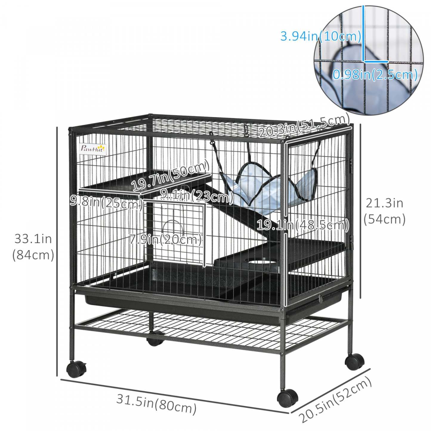 Pawhut Cage Pour Petits Animaux Avec Roues, Parc Pour Animaux De Compagnie Pour Furets, Chinchillas, Cobayes, Chatons, Wi|Pawhut Cage Pour Petits Animaux Avec Hamac, Cage Pour Furet À 3 Niveaux Avec Étagère De Rangement, C