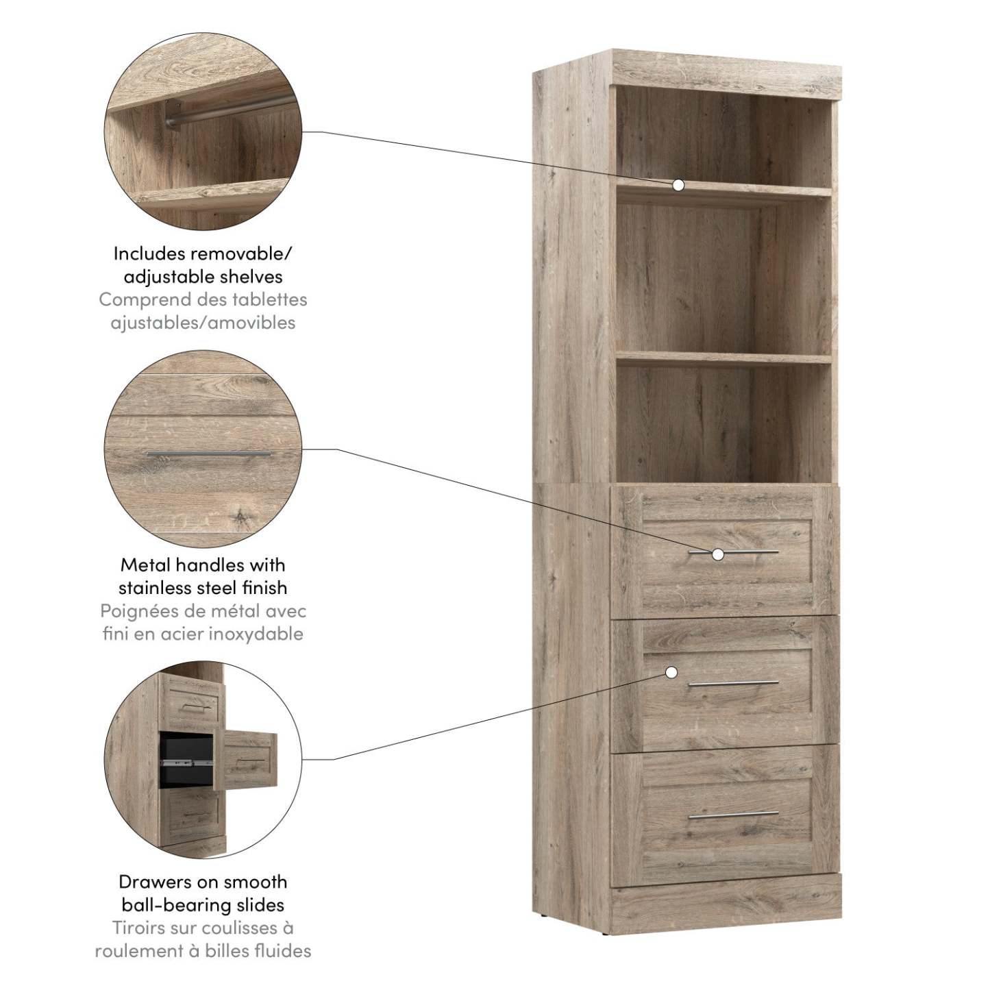 Bestar Pur 25 W Closet Organizer with Drawers - Rustic Brown|Organisateur de garde-robe Pur de Bestar de 25 po (L) avec tiroirs - brun rustique