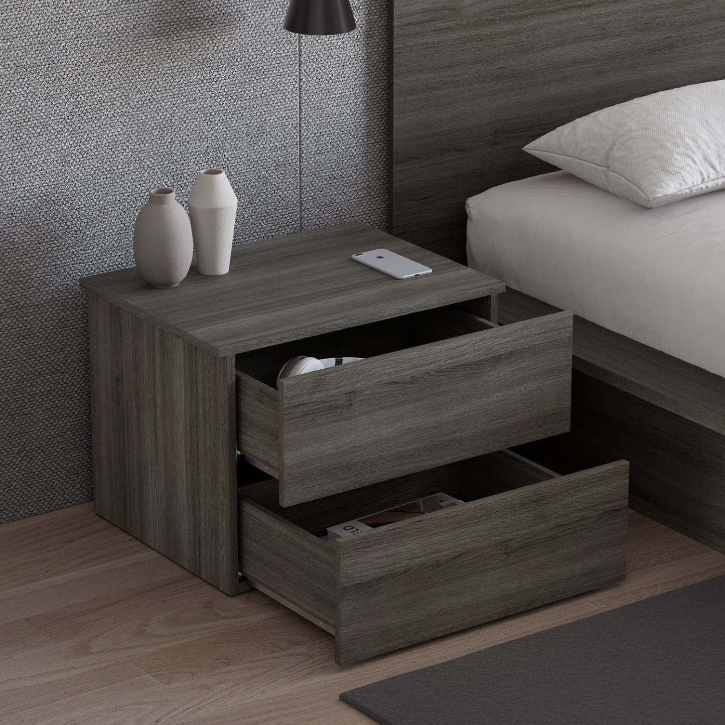 Nordika James Nightstand with 2-Drawers - Grey Oak|Table de nuit James Nordika à 2 tiroirs - chêne gris