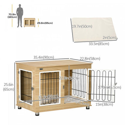 Pawhut Table D'appoint Pour Animal Domestique Avec Coussin Moelleux, Meubles De Cage Pour Chien À Deux Portes Pour Chiens Moyens Et Grands