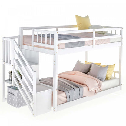 Joanna Lit Superposé Bas En Bois Massif Avec Échelle De Rangement, Design À Faible Hauteur - Blanc | Joanna – Bunk Bed Solid Wood Low Height Design With Storage Ladder - White