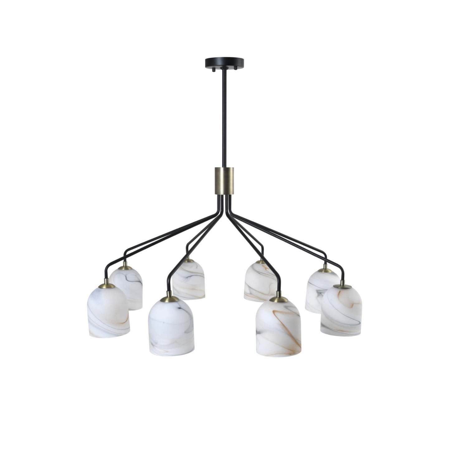 Lustre Crema à 8 lumières 34,25, noir, laiton brossé avec lampe en verre de style albâtre | Lustre A 8 lampes Crema De 34,25 po, Noir, Laiton Brosse Avec Verre Genre Albatre