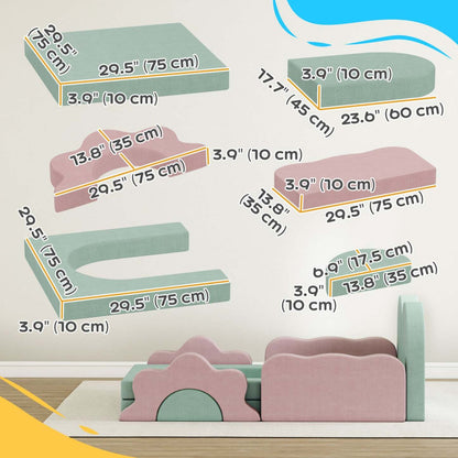 Qaba 12pcs Modular Kids Play Couch, Jouets d'escalade pour tout-petits, Blocs d'escalade en mousse avec fosse à balles (balles non incluses), Ensemble d'activités d'escalade et de rampement en intérieur, Vert