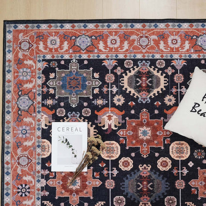 Aqua Black Star Washable Non-slip Low Pile Area Rug 5'x7' | Tapis Étoile Noire Lavable Antidérapant À Poils Ras 5'x7'