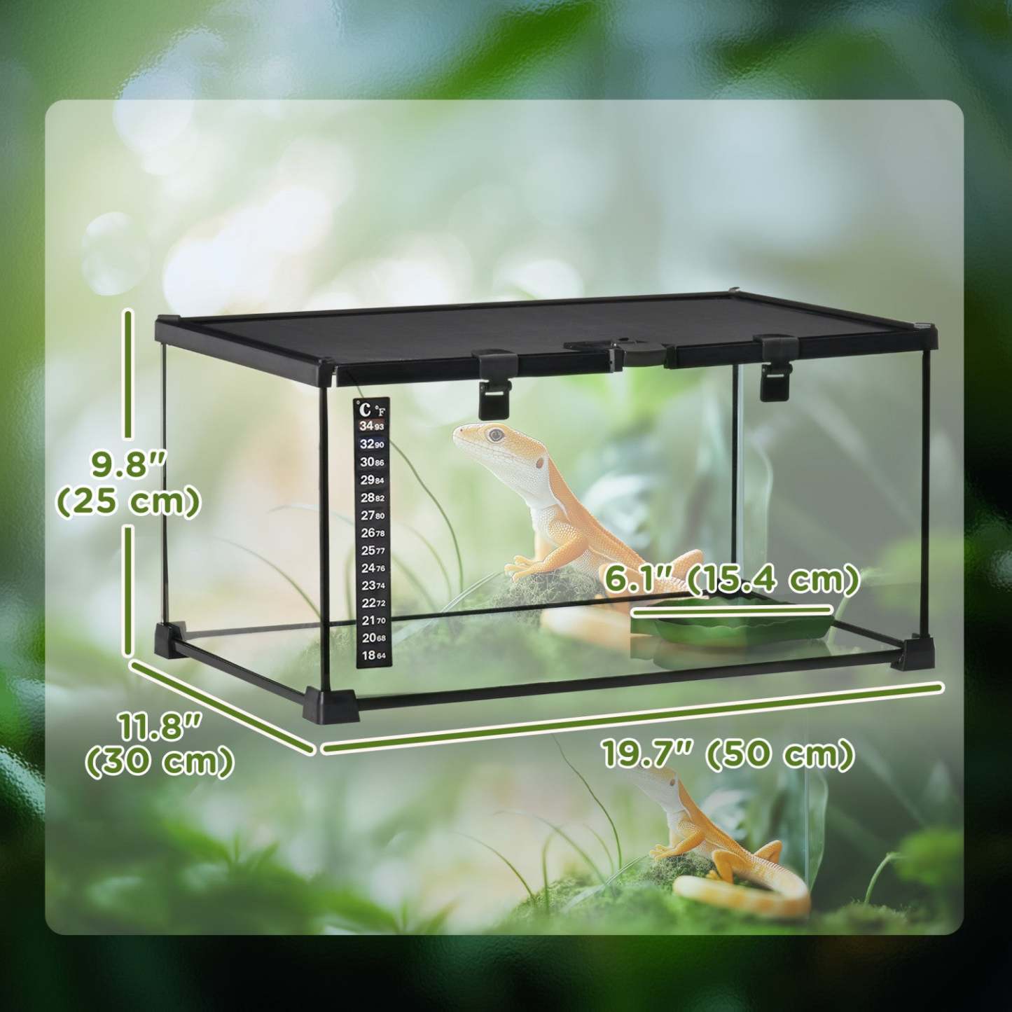 Pawhut Terrarium en Verre pour Reptiles, 20x12x10 Enclos pour Araignées Sautantes avec Thermomètre, Bassin d'Eau, Vue Complète Visuelle pour Lézards, Grenouilles Cornues, Serpents, Araignées - Noir