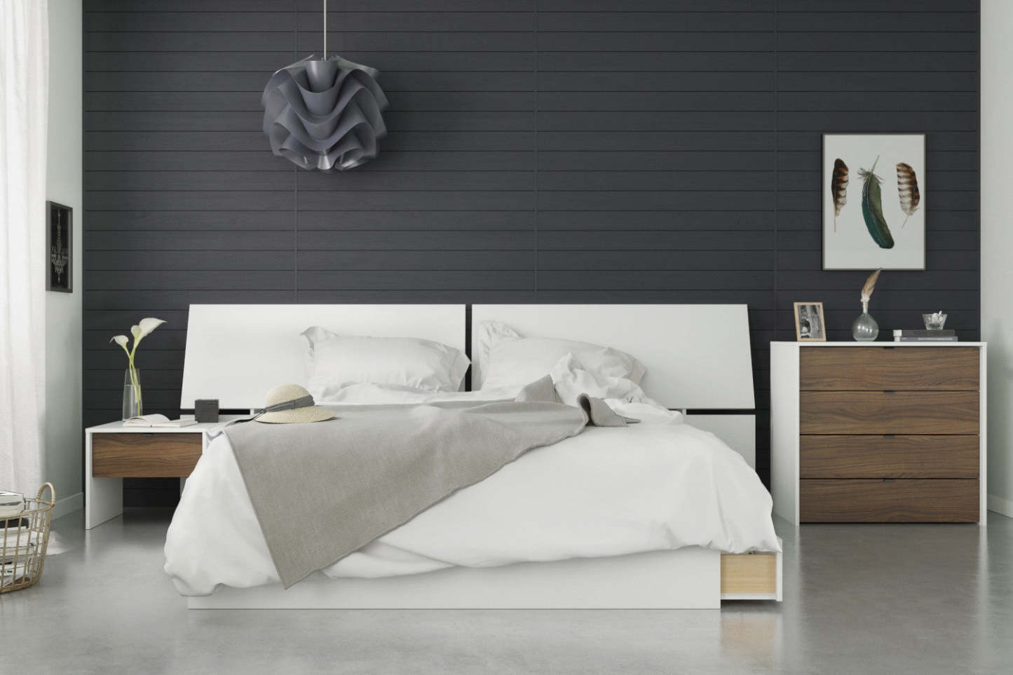 Table de nuit Nordika - Blanc/Noyer | Table de nuit Nordika - blanc et noyer | D08H3NTT