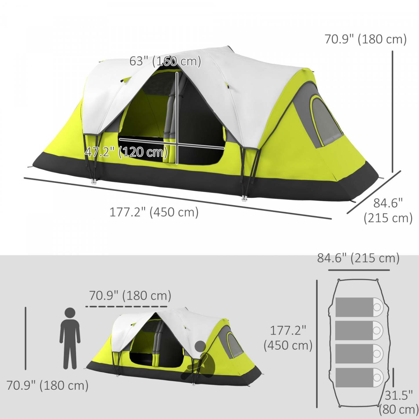 Outsunny Tente De Camping, Tente Pour 6 A 8 Personnes Avec 2 Chambres &amp; Imperméable Rainfly