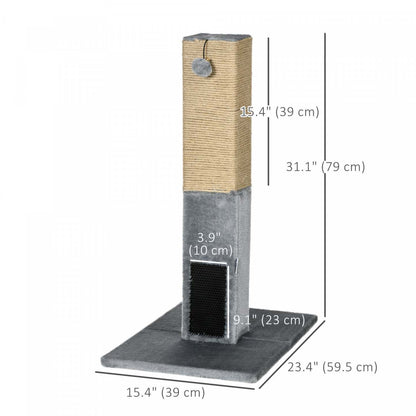 Pawhut Griffoir pour chat, Griffoir pour chat de 31 pouces pour chats d'intérieur, Griffoir en sisal naturel avec boules suspendues, brosses de toilette, base stable, gris