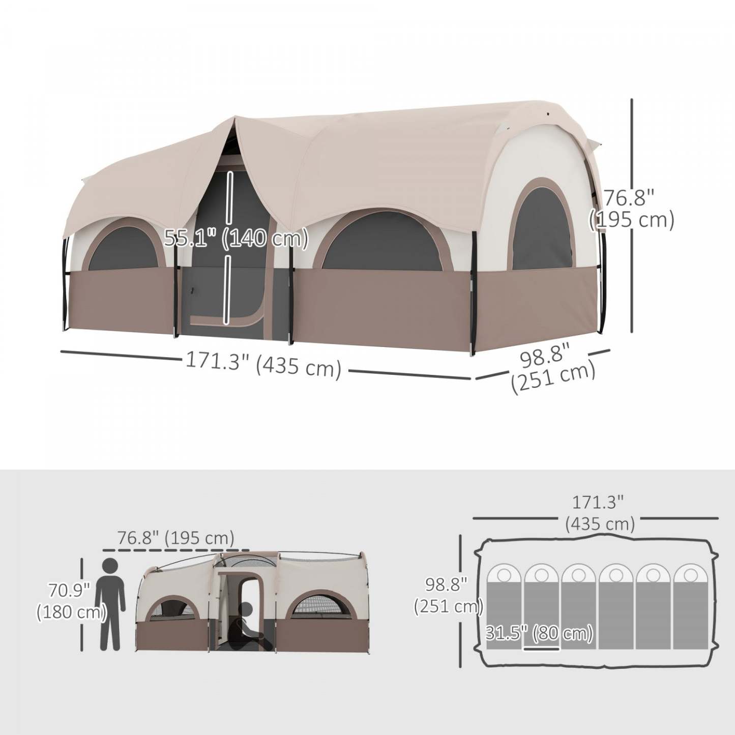 Outsunny Tente de Camping 4-6 Personnes, 3000mm Imperméable et UPF30+, Kaki