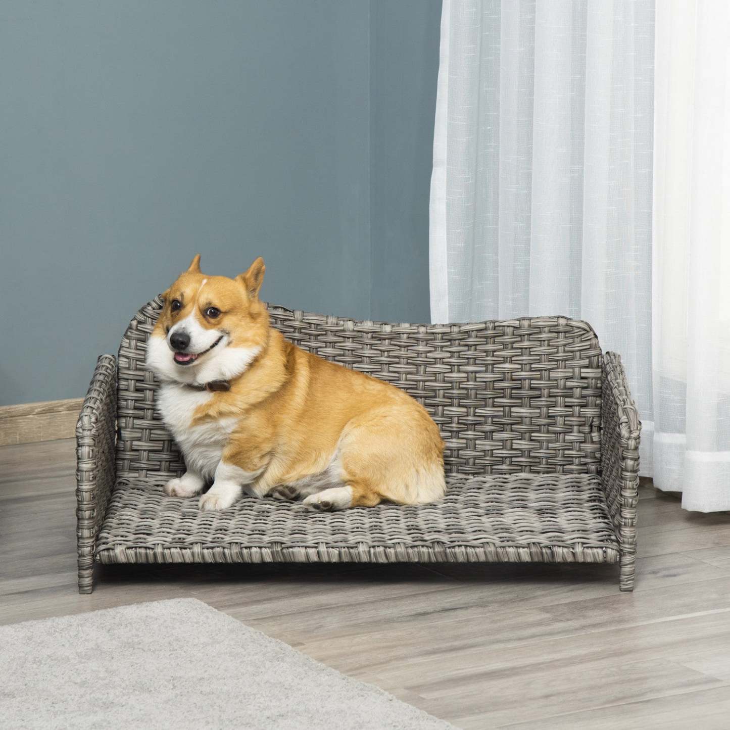 Pawhut Canapé Pour Animaux En Rotin Pour Chiens Grands Et Moyens, Lit Surélévé En Osier Pour Chien, Canapé Chien Chat, Coussin Do