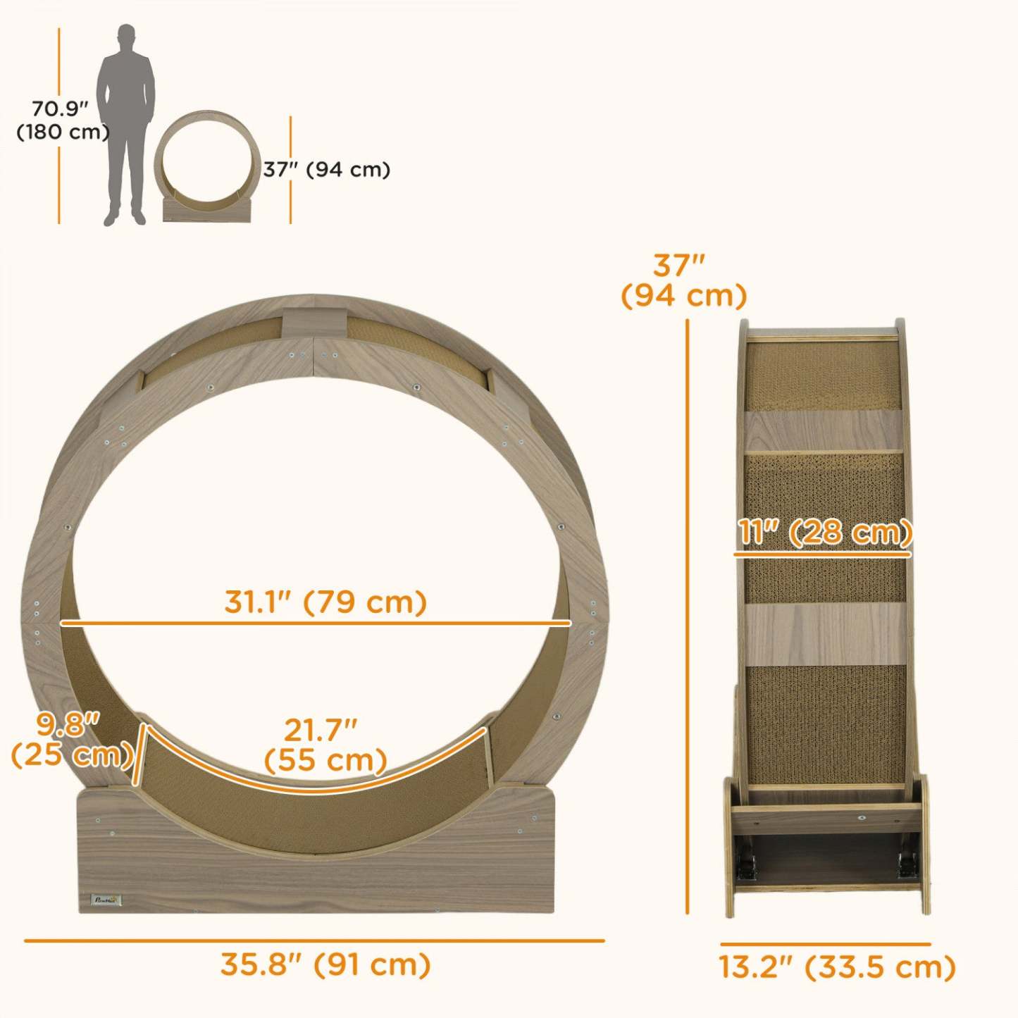 Pawhut 36 Inch Cat Wheel Exerciser Pour Chats d'Intérieur, Tapis de Course pour Chats avec Piste Tapis et Frein, Jouet de Course pour Chats pour Fitness & Santé, Noyer