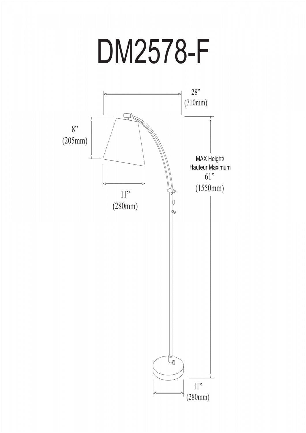 Dainolite Felix Adjustable Floor Lamp Satin Chrome White Empire Shade Rotary Dimmer Switch|Lampe à pied Felix réglable de Dainolite avec abat-jour empire blanc, gradateur rotatif et fini chromé satiné