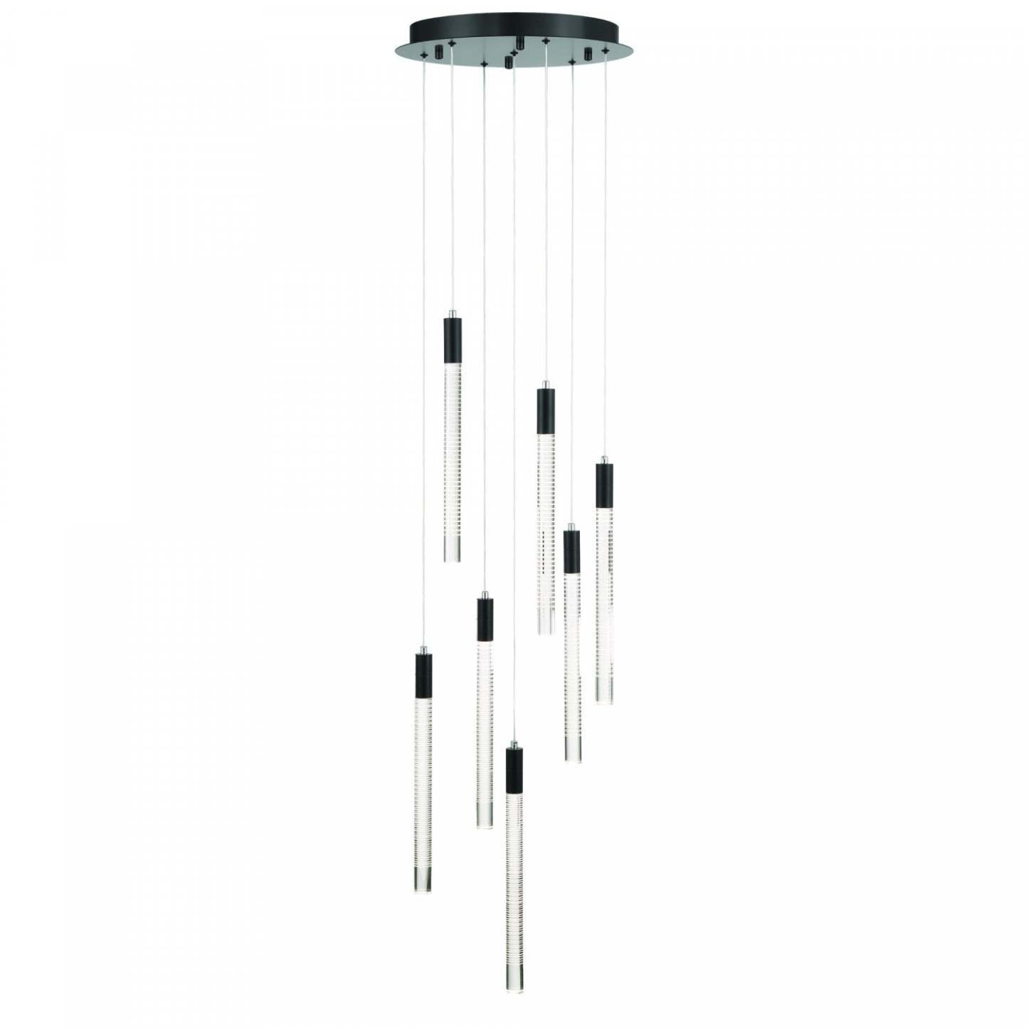 Lustre à LED intégré à 7 lumières Celine, noir avec lampe à tiges de verre doublées au laser | Lustre A 7 lampes A Del Integree Celine, Noir Avec Tiges En Verre Rayées Au Laser