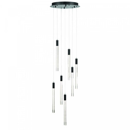 Lustre à LED intégré à 7 lumières Celine, noir avec lampe à tiges de verre doublées au laser | Lustre A 7 lampes A Del Integree Celine, Noir Avec Tiges En Verre Rayées Au Laser