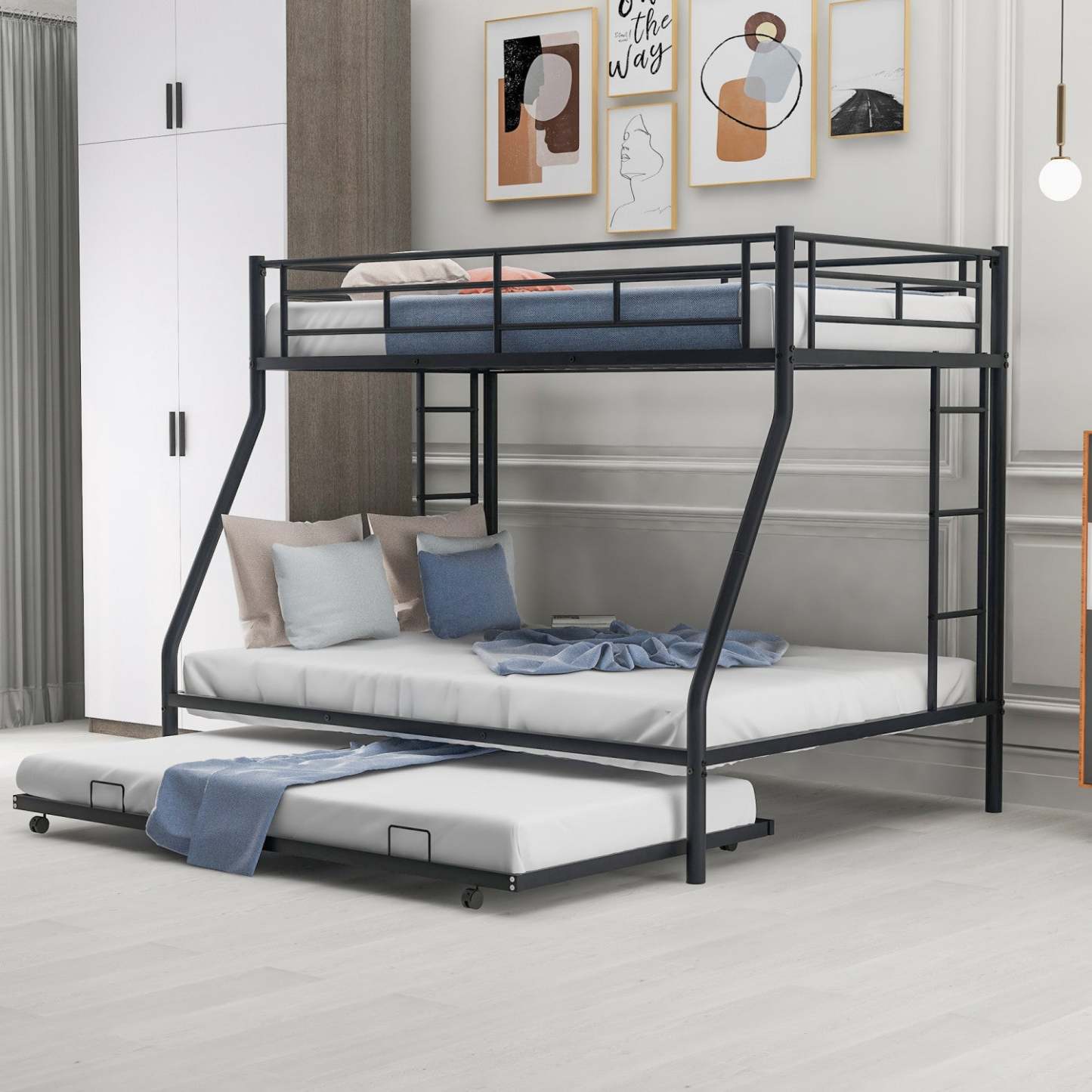 Lit superposé simple en métal peu encombrant Jeremy avec lit gigogne et échelles doubles - Noir | Jeremy – Lit Superpose En Metal, Simple Sur Double, Design Compact Avec Lit Gigogne Et Deux Echelles – Noir