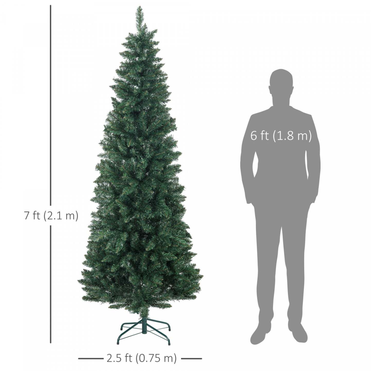 Homcom 7ft Tall Pencil Artificial Christmas Tree With Steel Base, Vert|Homcom Arbre de Noël Artificiel de 7pi de Haut avec Base en Acier, Vert