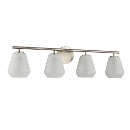 Meuble-lavabo de salle de bain à 4 lumières Brooke, nickel brossé avec lampe en verrerie blanche vaporeuse | Luminaire De Salle De Bain A 4 lampes Brooke, Nickel Brosse Avec Verre Blanc Vaporeux