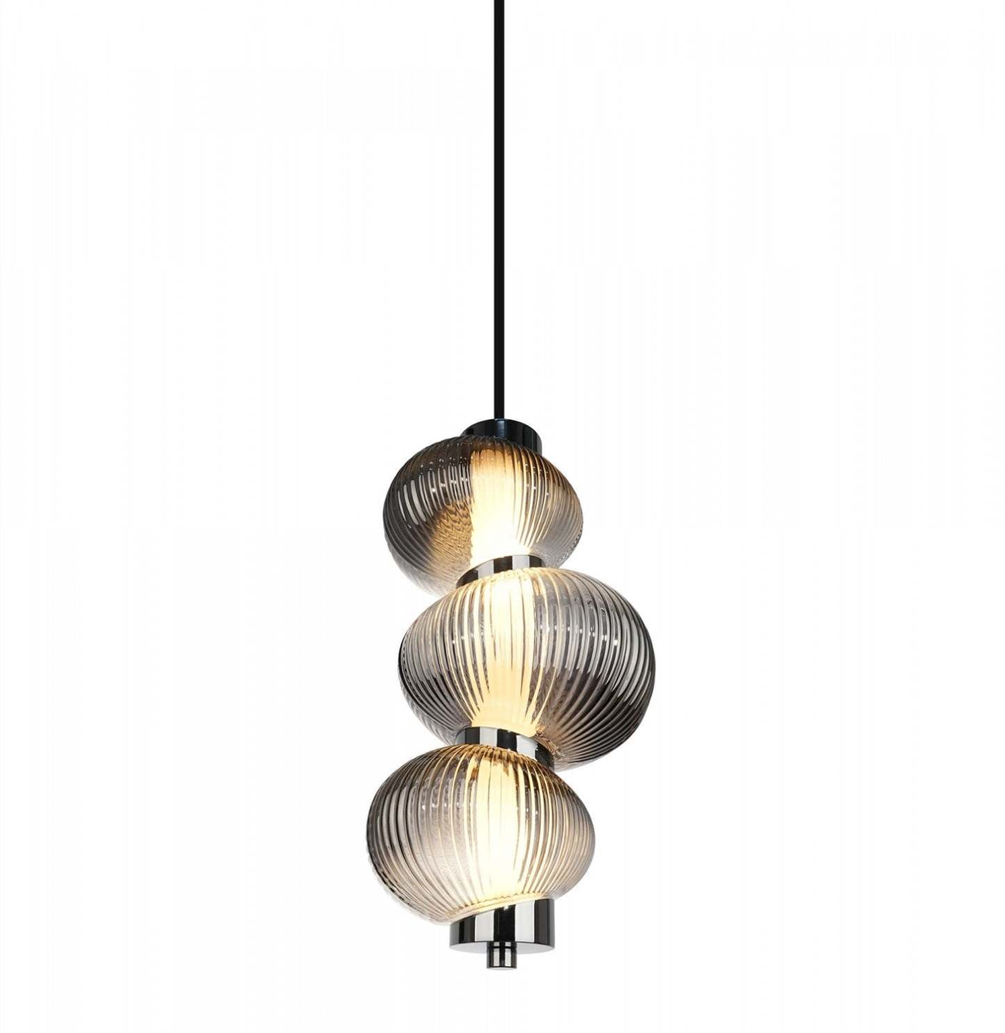 Suspension LED intégrée Ariel 13,5, chrome avec lampe en verrerie ombrée de fumée nervurée | Suspension A Del Integrees Ariel De 13,5 po, Noir Avec Verre Ombre Fume Et Nervure