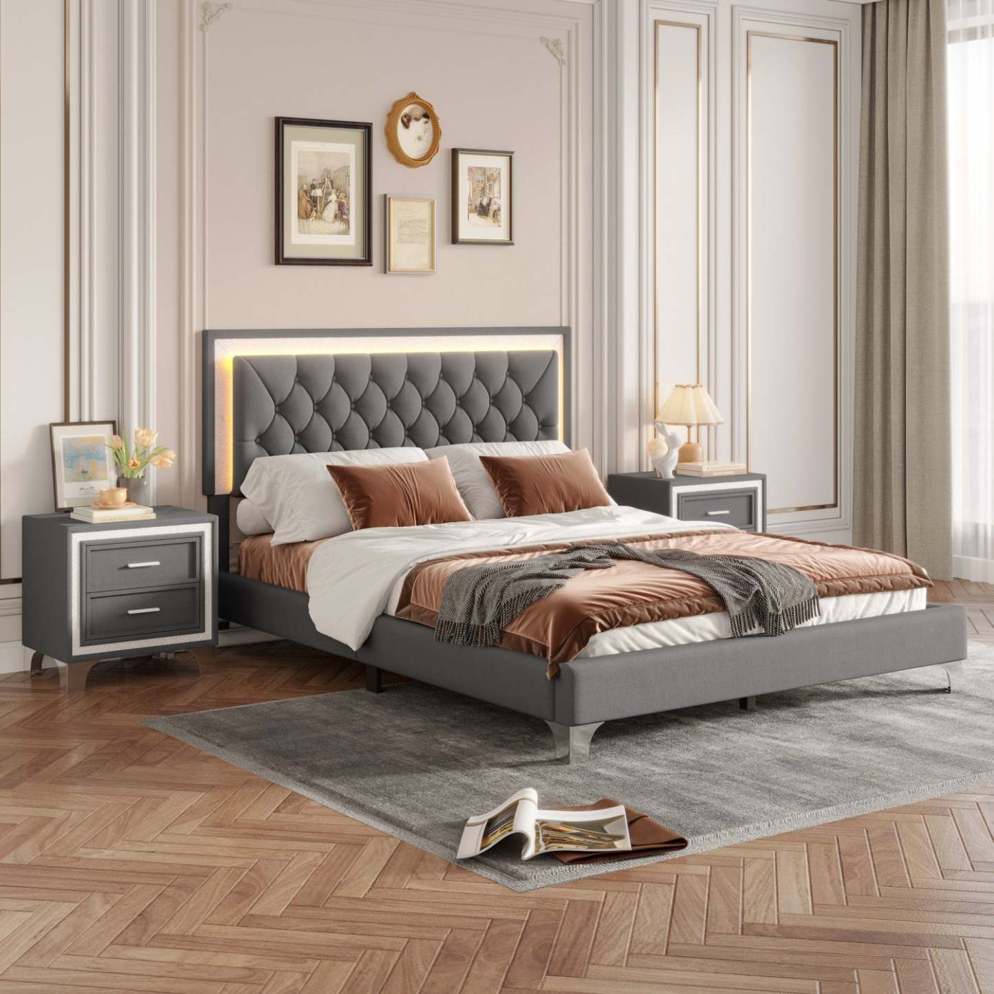Ensemble De Chambre Sophia 3 Pièces Avec Tête De Lit Capitonnée En Velours, Lit Tapissé Et Éclairage LED, Taille Queen, Gris