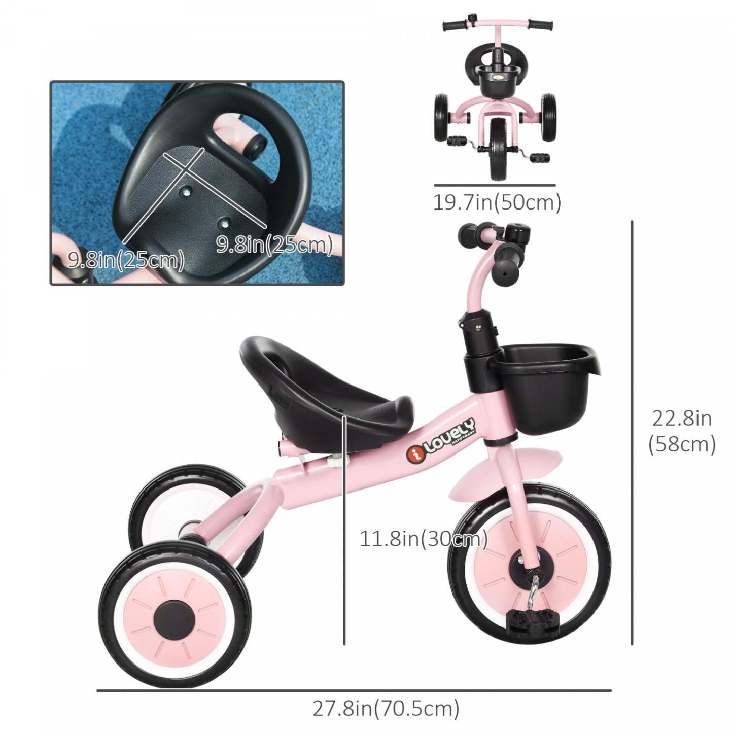 Qaba Tricycle Pour Tout-petits Filles Et Garçons De 2 À 5 Ans, Vélo Avec Siège Réglable, Panier, Clo