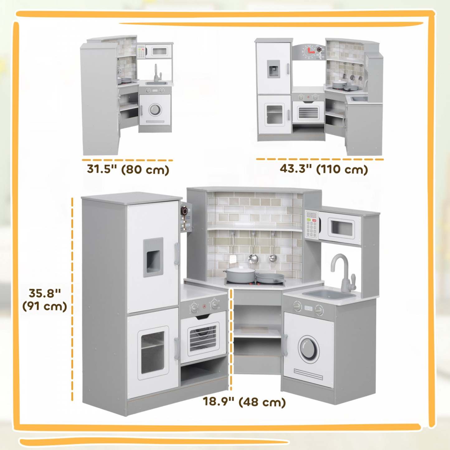 Qaba Cuisine De Jeu D'angle Pour Enfants, Ensemble De Simulation De Cuisine Avec Lumieres Et Sons, C