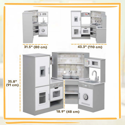 Qaba Cuisine De Jeu D'angle Pour Enfants, Ensemble De Simulation De Cuisine Avec Lumieres Et Sons, C